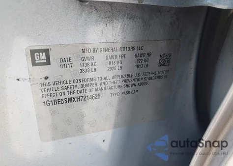 2017 Chevrolet Cruze Lt Auto z USA, uszkodzony, nr VIN 1G1BE5SMXH7214626